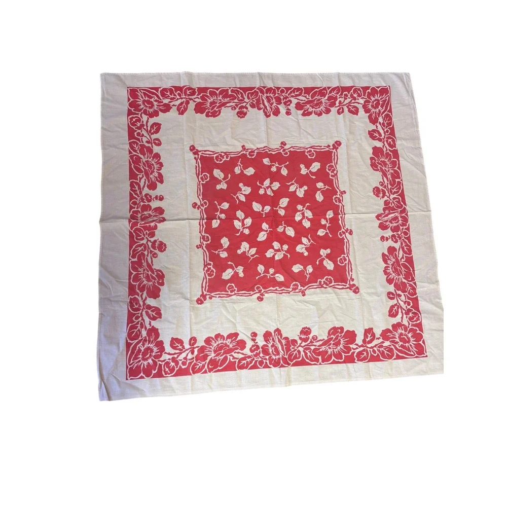 Vintage Red White Floral Square Card Table Tablecloth‎ Screen Print MC 43x43